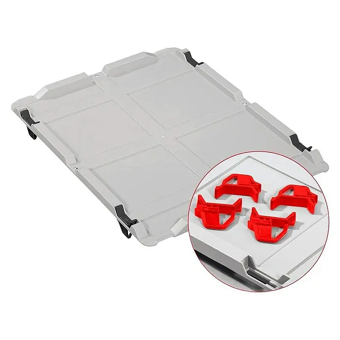 Proregal Euroboxen-Set 5x Eurobox NextGen Color mit Auflagedeckel und Schiebeschnappverschlüsse - Kunststoff, Grau, Rot, 5 Stk. - Die graue Eurobox-Abdeckung mit vier roten Halteklammern sorgt für einen sicheren Transport von Waren und schützt diese vor äußeren Einflüssen.
