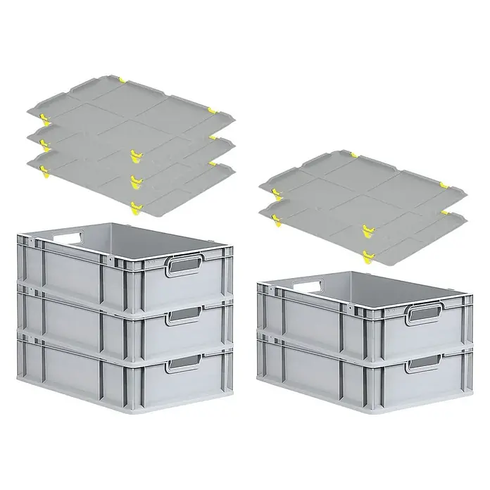 Proregal Euroboxen-Set 5x Eurobox NextGen Economy mit Auflagedeckel und 4x Verschlüsse Gelb - L x B x H: 60 x 40 x 17 cm, Kunststoff, Grau, 5 Stk. - Bild von grauen Eurobehältern und Deckeln, die eine robuste und stapelbare Lösung für Lagerung und Transport bieten.