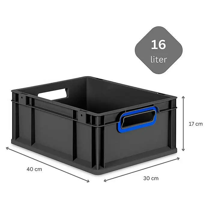 Proregal Euroboxen-Set 10x Eurobox NextGen Color - Kunststoff, Schwarz, Blau, 10 Stk. - Produktbild einer grauen 16-Liter-Kunststoffbox mit blauen Griffen und den Maßen 40 x 30 x 17 cm.