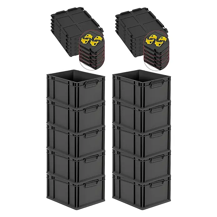 Proregal Euroboxen-Set 10x Eurobox NextGen Grip mit Auflagedeckel inkl. 4 gelben Verschlüssen - L x B x H: 40 x 30 x 22 cm, Kunststoff, Schwarz, 10 Stk. - Stapelbare Eurobehälter und Deckel für eine effiziente Lagerung und Organisation, ideal für Industrie und Haushalt.