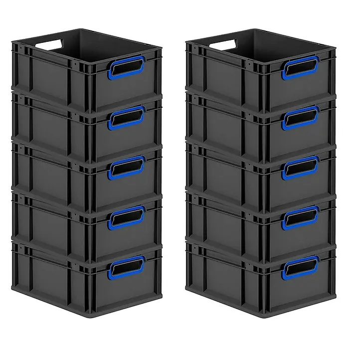 Proregal Euroboxen-Set 10x Eurobox NextGen Color - Kunststoff, Schwarz, Blau, 10 Stk. - Zwei Stapel grauer Kunststoffbehälter mit blauen Griffen, die sich ideal für Lagerung und Organisation eignen.