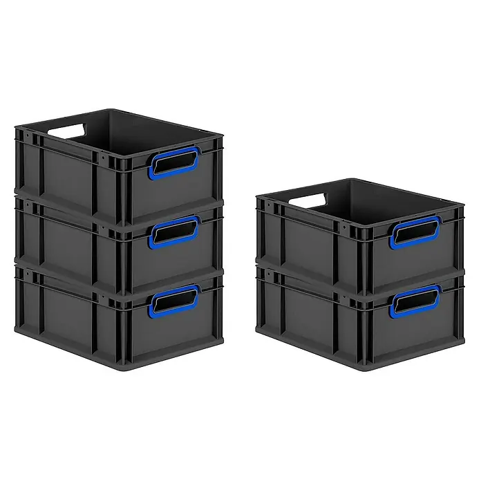 Proregal Euroboxen-Set 10x Eurobox NextGen Color - Kunststoff, Schwarz, Blau, 10 Stk. - Eine Nahaufnahme von zwei Stapeln grauer Kunststoffbehälter mit blauen Griffen, die vielseitige Aufbewahrungslösungen bieten.