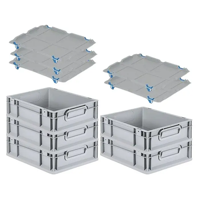 Proregal Euroboxen-Set 5x Eurobox NextGen Grip mit Auflagedeckel inkl. 4 blauen Verschlüssen - L x B x H: 40 x 30 x 12 cm, Kunststoff, Grau, 5 Stk. - Graue Lagerboxen und Deckel, perfekt für Organisation. Sie bieten eine robuste Lösung zur Aufbewahrung verschiedener Gegenstände.