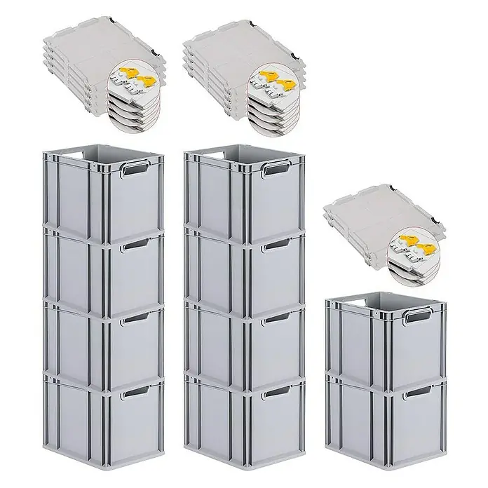 Proregal Euroboxen-Set 10x Eurobox NextGen Economy mit Scharnierdeckel und gelben Verschlüssen - Kunststoff, Grau, 10 Stk. - Das Bild zeigt drei Stapel grauer Kunststoffkisten und drei Stapel dazu passender Deckel. Diese sind ideal für Lagerung und Transport.