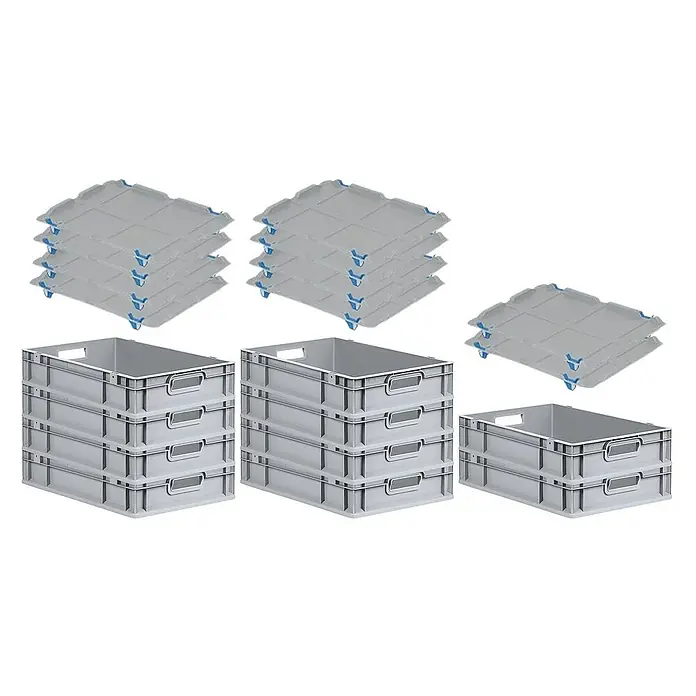 Proregal Euroboxen-Set 10x Eurobox NextGen Economy mit Auflagedeckel und 4x Verschlüsse Blau - L x B x H: 60 x 40 x 12 cm, Kunststoff, Grau, 10 Stk. - Graue Kunststoffbehälter und Deckel im Stapel, ideal für Lagerung und Transport.