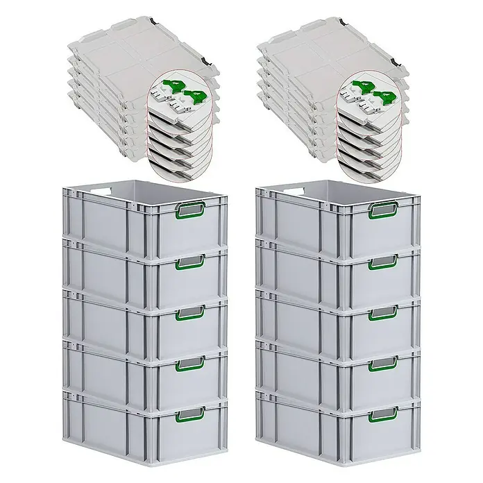 Proregal Euroboxen-Set 10x Eurobox NextGen Color mit Scharnierdeckel und Verschlüssen - L x B x H: 60 x 40 x 22 cm, Kunststoff, Grau, Grün, 10 Stk. - Stapelbare Eurobehälter in Grau mit grünen Griffen und passende Deckel in zwei Stapeln, ideal für Lagerung und Transport.