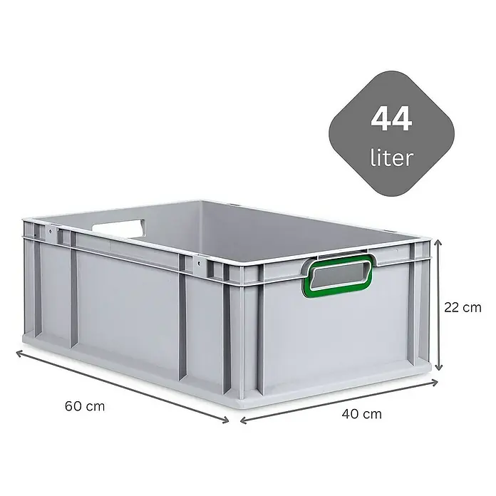 Proregal Euroboxen-Set 10x Eurobox NextGen Color mit Scharnierdeckel und Verschlüssen - L x B x H: 60 x 40 x 22 cm, Kunststoff, Grau, Grün, 10 Stk. - Graue Kunststoffbox mit den Maßen 60 x 40 x 22 cm und einem Fassungsvermögen von 44 Litern.