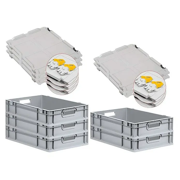 Proregal Euroboxen-Set 5x Eurobox NextGen Grip mit Scharnierdeckel und gelben Verschlüssen - L x B x H: 60 x 40 x 12 cm, Kunststoff, Grau, 5 Stk. - Abbildung von zwei Stapeln grauer Kunststoffbehälter und zwei Stapeln grauer Kunststoffdeckel mit gelben Verriegelungen.