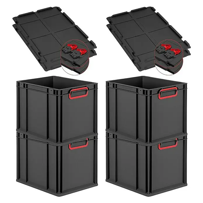 Proregal Euroboxen-Set 4x Eurobox NextGen Color mit Scharnierdeckel und Verschlüssen - Kunststoff, Schwarz, Rot, 4 Stk. - Schwarze stapelbare Aufbewahrungsboxen mit roten Griffen und Deckeln.