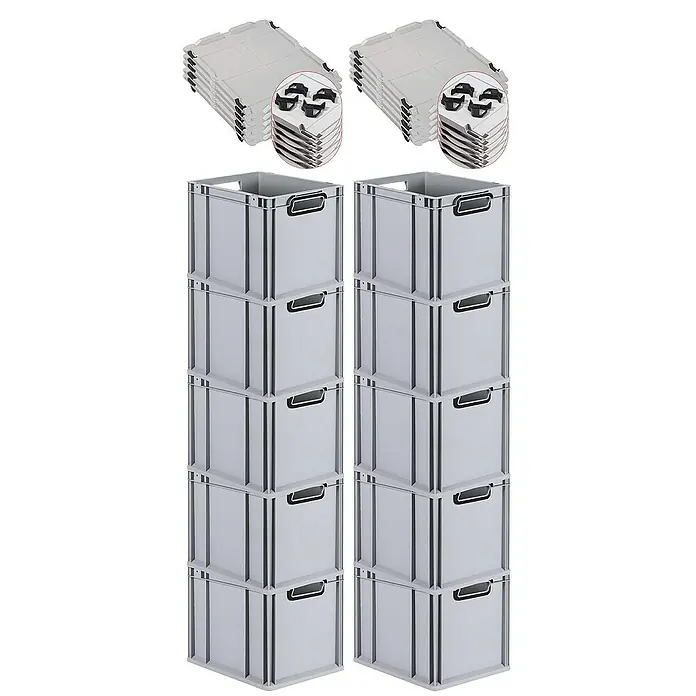 Proregal Euroboxen-Set 10x Eurobox NextGen Color mit Auflagedeckel und Schiebeschnappverschlüsse - Kunststoff, Grau, Schwarz, 10 Stk. - Bild von zwei Stapeln grauer Faltboxen und zwei Stapeln flacher Boxen, die sich ideal für Lagerung und Organisation eignen.