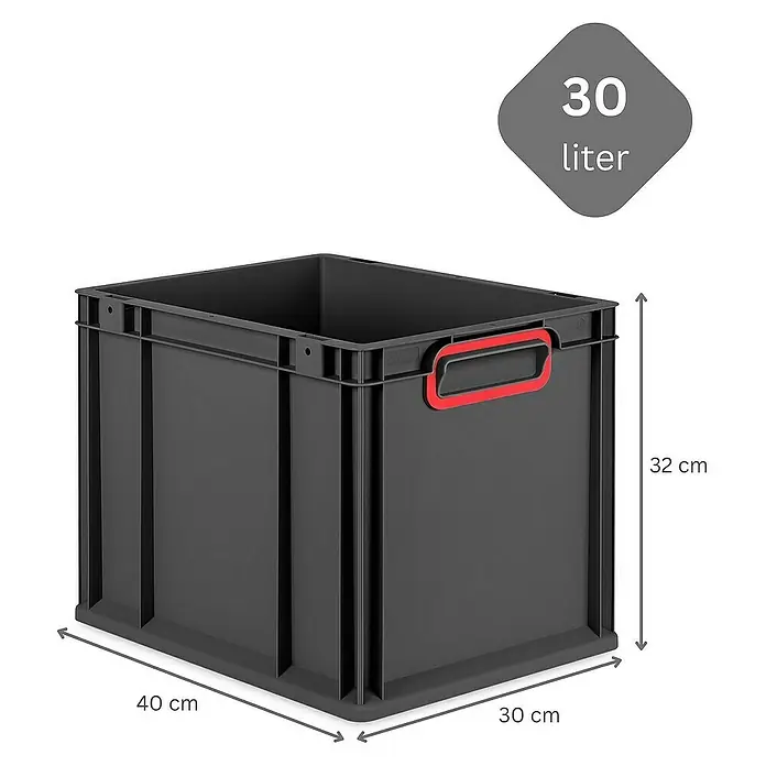 Proregal Euroboxen-Set 4x Eurobox NextGen Color mit Scharnierdeckel und Verschlüssen - Kunststoff, Schwarz, Rot, 4 Stk. - Abbildung einer schwarzen 30-Liter-Kunststoffbox mit roten Griffen und den Maßen 40 x 30 x 32 cm.