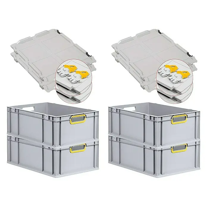 Proregal Euroboxen-Set 4x Eurobox NextGen Color mit Scharnierdeckel und Verschlüssen - L x B x H: 60 x 40 x 22 cm, Kunststoff, Grau, Gelb, 4 Stk. - Bild von vier grauen Kunststoffboxen mit gelben Griffen und zwei grauen Kunststoffdeckeln mit gelben Verschlüssen.