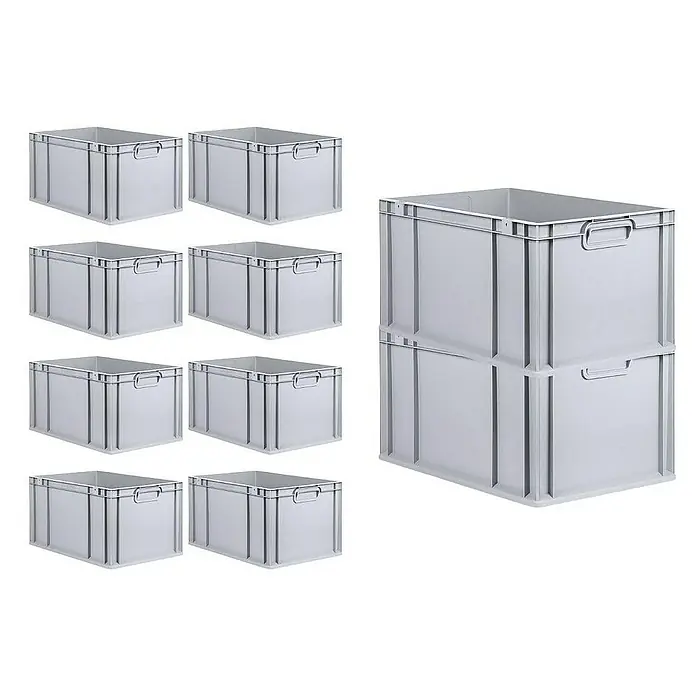 Proregal Euroboxen-Set 10x Eurobox NextGen Economy mit Scharnierdeckel und gelben Verschlüssen - L x B x H: 60 x 40 x 32 cm, Kunststoff, Grau, 10 Stk. - Neun graue Aufbewahrungsboxen aus Kunststoff, davon zwei gestapelt, für eine optimale Organisation und Lagerung.