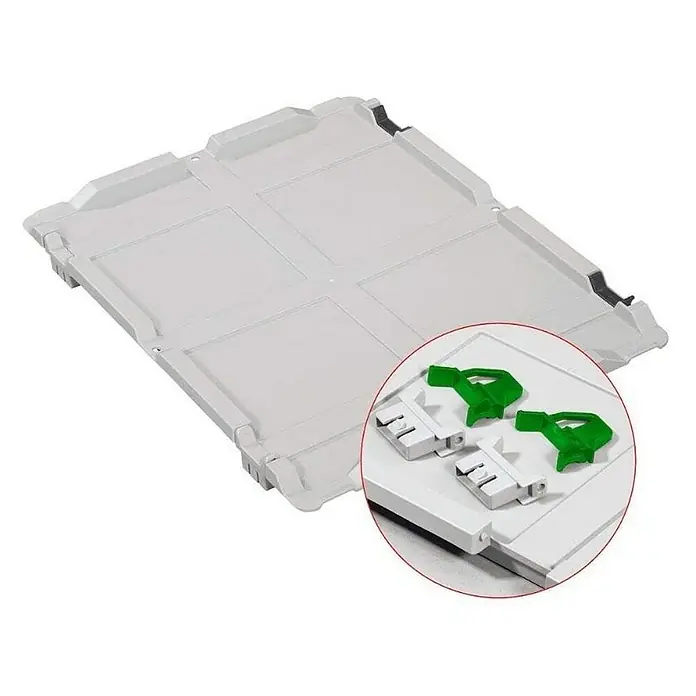 Proregal Euroboxen-Set 4x Eurobox NextGen Grip mit Scharnierdeckel und grünen Verschlüssen - Kunststoff, Grau, 4 Stk. - Hellgraue Bodenwanne mit vier Feldern und grünen und weißen Verschlüssen. Sehr praktisch für modulare Systeme.