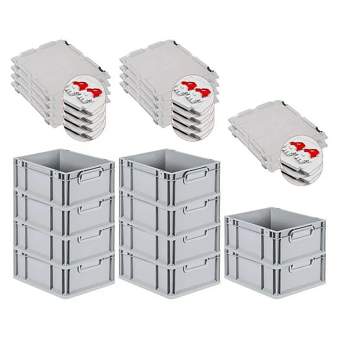 Proregal Euroboxen-Set 10x Eurobox NextGen Grip mit Scharnierdeckel und roten Verschlüssen - L x B x H: 40 x 30 x 17 cm, Kunststoff, Grau, 10 Stk. - Stapelbare, graue Lagerbehälter mit Klappdeckeln und Griffen für Organisation und Aufbewahrung im Lager oder zu Hause.
