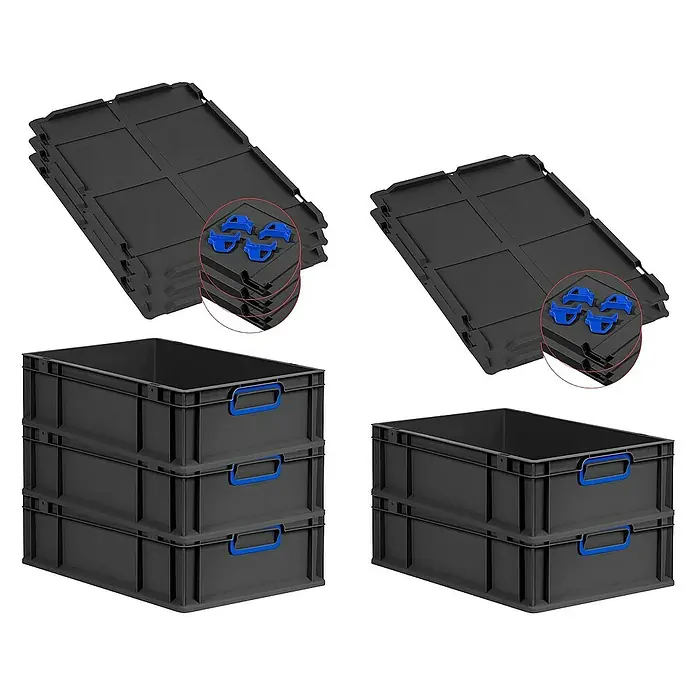 Proregal Euroboxen-Set 5x Eurobox NextGen Color mit Auflagedeckel und Schiebeschnappverschlüsse - L x B x H: 60 x 40 x 17 cm, Kunststoff, Schwarz, Blau, 5 Stk. - Bild von schwarzen Kunststoffbehältern mit blauen Griffen und dazu passenden Deckeln, die gestapelt sind, für eine ordentliche Aufbewahrung.