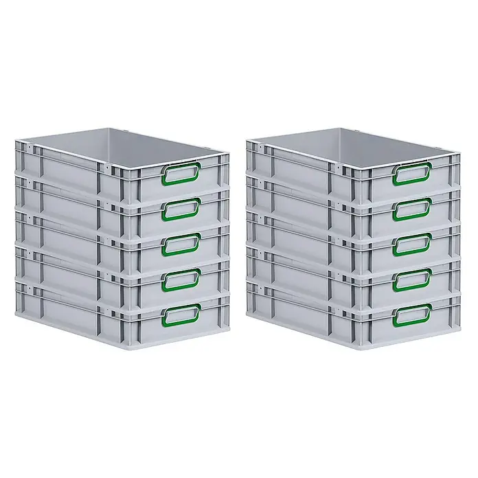 Proregal Euroboxen-Set 10x Eurobox NextGen Color - L x B x H: 60 x 40 x 12 cm, Kunststoff, Grau, Grün, 10 Stk. - Zwei Stapel grauer Lagerbehälter mit grünen Griffen, ideal für die Organisation und Lagerung von Gegenständen.