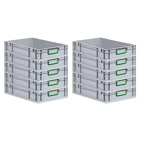 SparSet 10x Eurobox NextGen Color | HxBxT 12x40x60cm | 23 Liter | Griffe grün geschlossen | Glatter Boden | Grau | Eurobehälter, Transportbox, Transportbehälter, Stapelbehälter