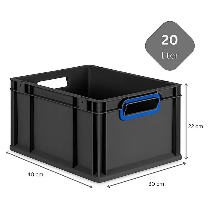 Proregal Euroboxen-Set 8x Eurobox NextGen Color mit Scharnierdeckel und Verschlüssen - L x B x H: 40 x 30 x 22 cm, Kunststoff, Schwarz, Blau, 8 Stk. - Schwarze 20-Liter-Kunststoffbox mit blauen Griffen und den Maßen 40x30x22 cm für vielseitige Aufbewahrung.