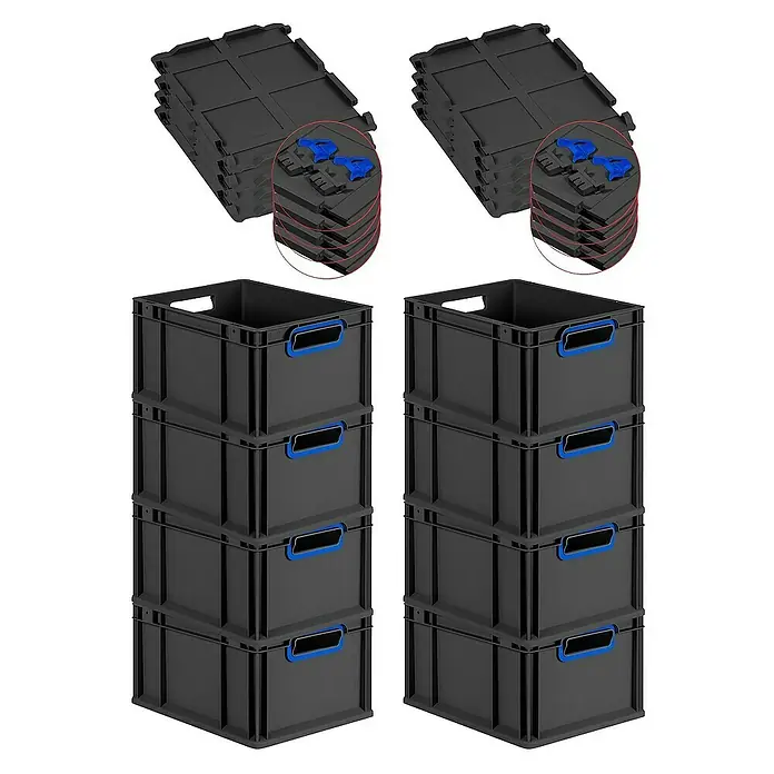 Proregal Euroboxen-Set 8x Eurobox NextGen Color mit Scharnierdeckel und Verschlüssen - L x B x H: 40 x 30 x 22 cm, Kunststoff, Schwarz, Blau, 8 Stk. - Stapelbare, schwarze Kunststoffboxen mit blauen Griffen und passende Deckel. Praktische Aufbewahrungslösung für Zuhause oder Büro.