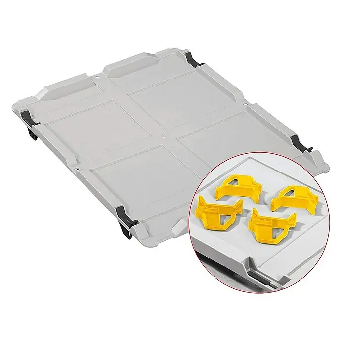 Proregal Euroboxen-Set 4x Eurobox NextGen Grip mit Auflagedeckel inkl. 4 gelben Verschlüssen - Kunststoff, Grau, 4 Stk. - Graue Transporthalterung mit vier gelben Befestigungsclips zur Ladungssicherung.