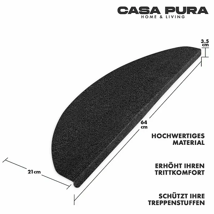 Stufenmatte Leipzig - 64 x 21 cm, Anthrazit, Halbrund - Produktbild einer grauen Treppenmatte mit den Maßen 64 cm Länge, 21 cm Breite und 3,5 cm Höhe.