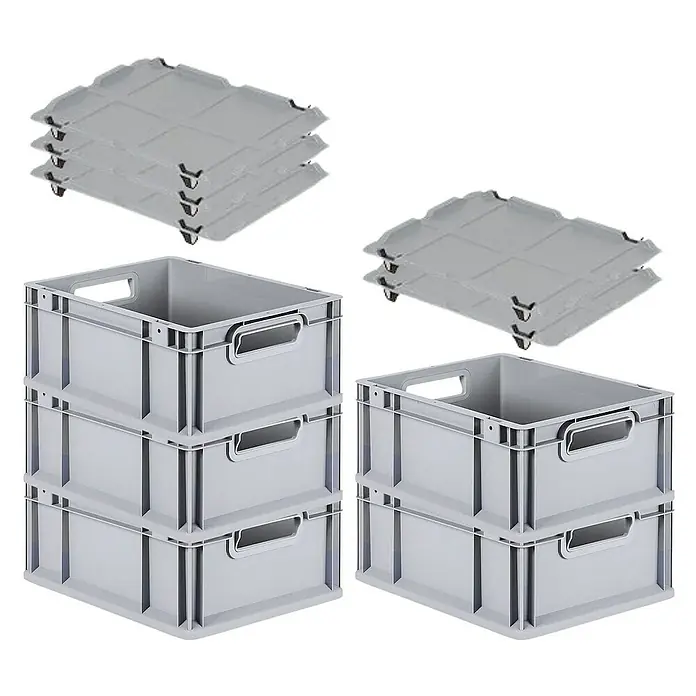 Proregal Euroboxen-Set 5x Eurobox NextGen Economy mit Auflagedeckel und 4x Verschlüsse Schwarz - Kunststoff, Grau, 5 Stk. - Graue Kunststoffboxen und Deckel, gestapelt und separat dargestellt, für Lagerung und Organisation.
