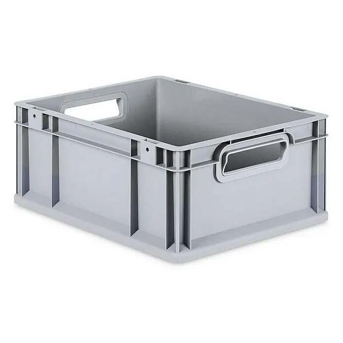 Proregal Euroboxen-Set 5x Eurobox NextGen Economy mit Auflagedeckel und 4x Verschlüsse Schwarz - Kunststoff, Grau, 5 Stk. - Ein grauer Kunststoffbehälter mit integrierten Griffen. Ideal für Lagerung und Transport. Vielseitig und robust für verschiedene Anwendungen.