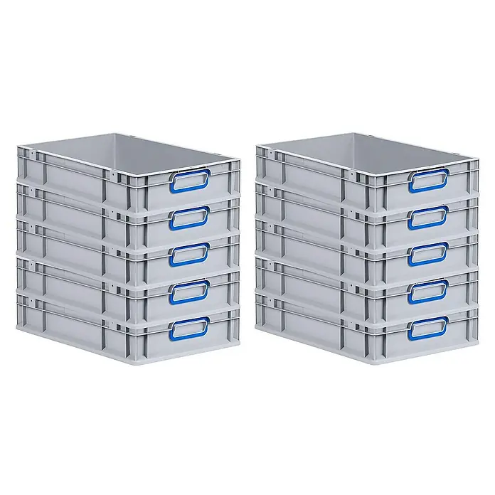 Proregal Euroboxen-Set 10x Eurobox NextGen Color - L x B x H: 60 x 40 x 12 cm, Kunststoff, Grau, Blau, 10 Stk. - Zwei Stapel grauer Lagerkästen mit blauen Griffen, ideal für Organisation und Lagerung von Gegenständen im Haushalt oder im Gewerbe.