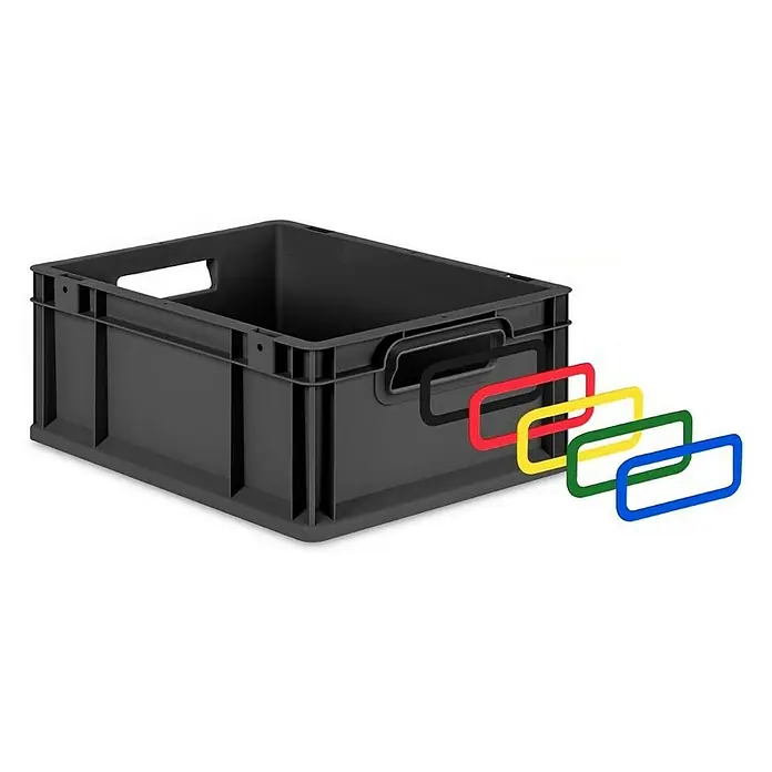 Proregal Euroboxen-Set 4x Eurobox NextGen Color mit Auflagedeckel und Schiebeschnappverschlüsse - Kunststoff, Schwarz, Schwarz, 4 Stk. - Schwarze Kunststoffbox mit Griffen in verschiedenen Farben, ideal für Lagerung und Organisation. Robuste Stapelbox für vielseitige Anwendungen.