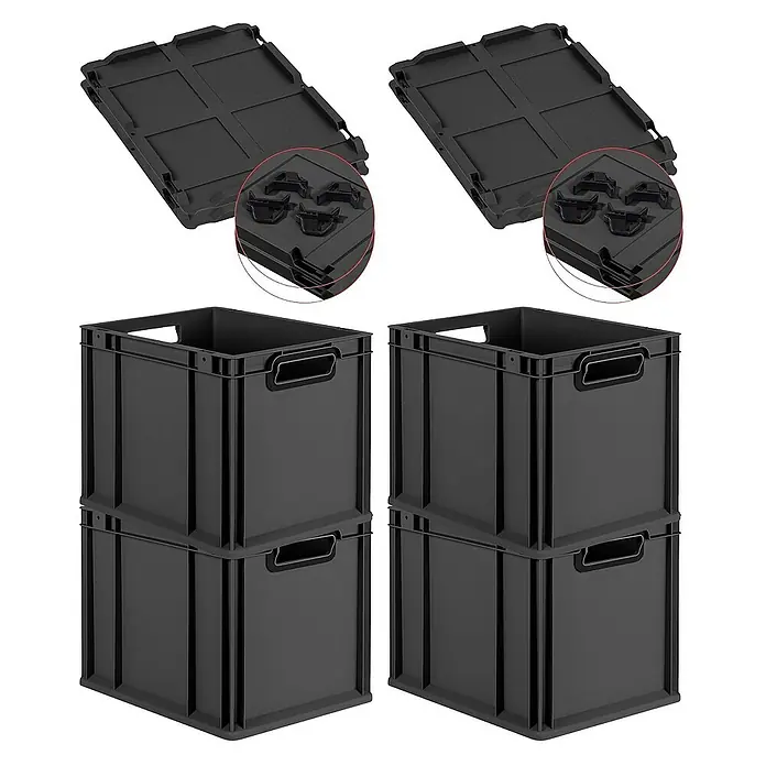Proregal Euroboxen-Set 4x Eurobox NextGen Color mit Auflagedeckel und Schiebeschnappverschlüsse - Kunststoff, Schwarz, Schwarz, 4 Stk. - Abgebildet sind schwarze Aufbewahrungsboxen mit Deckeln, ideal für Organisation. Sie sind robust und stapelbar, für vielseitige Nutzung.