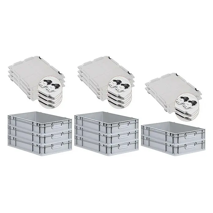 Proregal Euroboxen-Set 8x Eurobox NextGen Economy mit Scharnierdeckel und schwarzen Verschlüssen - L x B x H: 60 x 40 x 12 cm, Kunststoff, Grau, 8 Stk. - Das Bild zeigt gestapelte graue Kunststoffbehälter und dazugehörige Deckel. Die Behälter sind leer und sauber, bereit für den Einsatz.