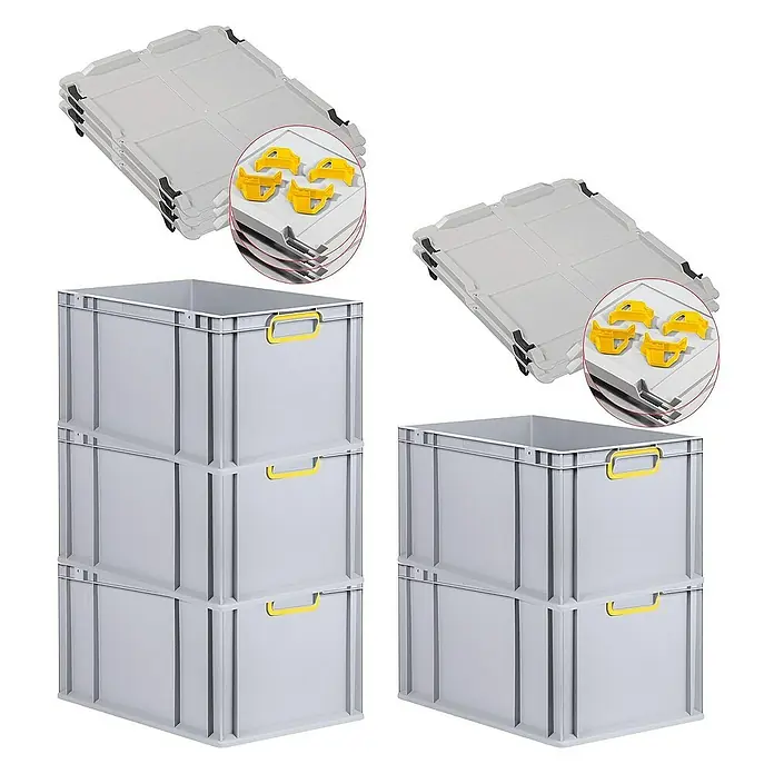 Proregal Euroboxen-Set 5x Eurobox NextGen Color mit Auflagedeckel und Schiebeschnappverschlüsse - L x B x H: 60 x 40 x 32 cm, Kunststoff, Grau, Gelb, 5 Stk. - Stapelbare graue Kunststoffboxen mit gelben Griffen und passenden Deckeln. Praktische Aufbewahrungslösung für verschiedene Zwecke.