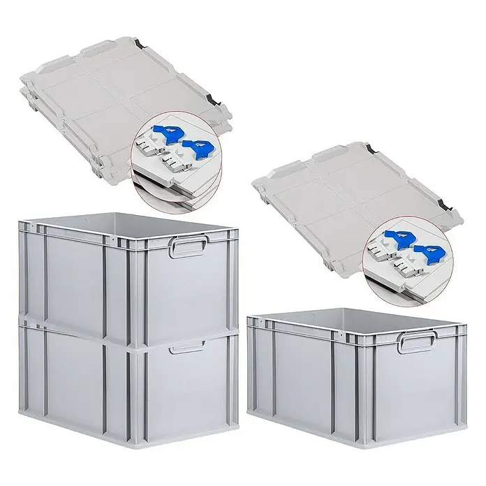 Proregal Euroboxen-Set 3x Eurobox NextGen Grip mit Scharnierdeckel und blauen Verschlüssen - L x B x H: 60 x 40 x 32 cm, Kunststoff, Grau, 3 Stk. - Abbildung von stabilen, grauen Lagerboxen und passenden Deckeln mit blauen Verschlüssen für sichere Aufbewahrung und Transport.