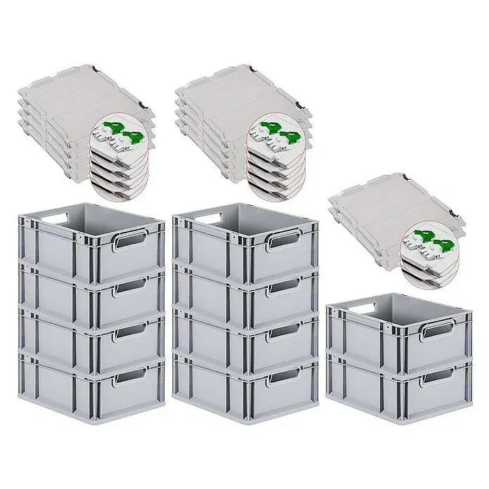 Proregal Euroboxen-Set 10x Eurobox NextGen Grip mit Scharnierdeckel und grünen Verschlüssen - L x B x H: 40 x 30 x 17 cm, Kunststoff, Grau, 10 Stk. - Graue Eurobehälter im Stapel mit flachen, zusammenklappbaren Boxen. Praktische Aufbewahrungslösung für verschiedene Bedürfnisse im Lager oder zu Hause.