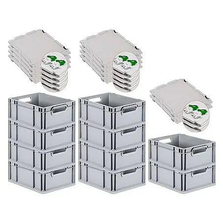 SuperSparSet 10x Eurobox NextGen Grip mit Scharnierdeckel und grünen Schiebeschnappverschlüssen | HxBxT 17x30x40cm | 16 Liter | Grau | Griffe offen | Glatter Boden | Eurobehälter, Transportbox, Transportbehälter, Stapelbehälter