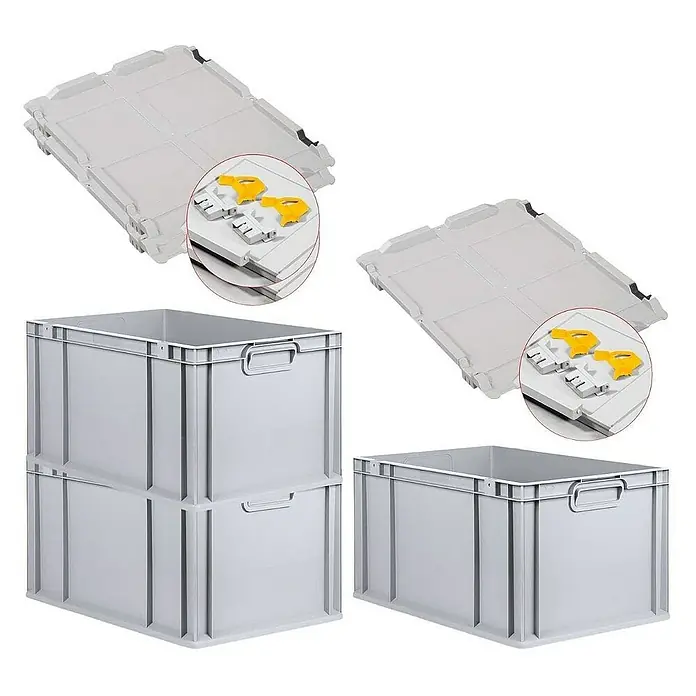 Proregal Euroboxen-Set 3x Eurobox NextGen Grip mit Scharnierdeckel und gelben Verschlüssen - L x B x H: 60 x 40 x 32 cm, Kunststoff, Grau, 3 Stk. - Graue Kunststoffboxen mit passenden Deckeln. Ideal für Lagerung und Transport. Robuste Bauweise für vielfältige Anwendungen.