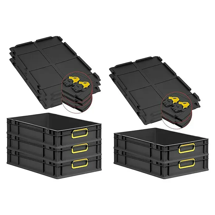 Proregal Euroboxen-Set 5x Eurobox NextGen Color mit Scharnierdeckel und Verschlüssen - L x B x H: 60 x 40 x 12 cm, Kunststoff, Schwarz, Gelb, 5 Stk. - Stapelbare schwarze Kunststoffboxen mit gelben Griffen und Deckel für Lagerung und Organisation.