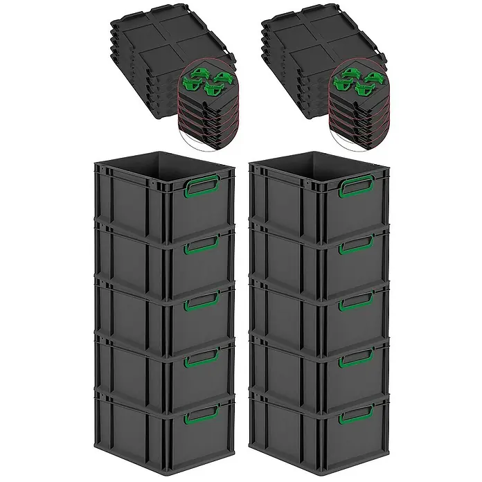 Proregal Euroboxen-Set 10x Eurobox NextGen Color mit Auflagedeckel und Schiebeschnappverschlüsse - L x B x H: 40 x 30 x 22 cm, Kunststoff, Schwarz, Grün, 10 Stk. - Zwei Stapel grauer Euroboxen mit grünen Griffen und zwei Stapel schwarzer Deckel. Praktische Lagerlösung.