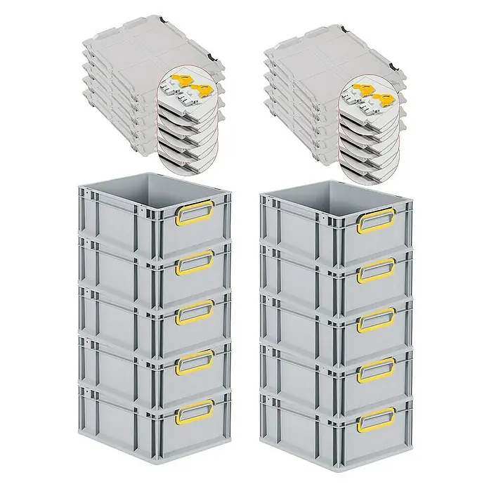 Proregal Euroboxen-Set 10x Eurobox NextGen Color mit Scharnierdeckel und Verschlüssen - L x B x H: 40 x 30 x 17 cm, Kunststoff, Grau, Gelb, 10 Stk. - Graue Lagerkästen mit gelben Griffen und passende Deckel im Set gestapelt für Lagerung und Organisation.