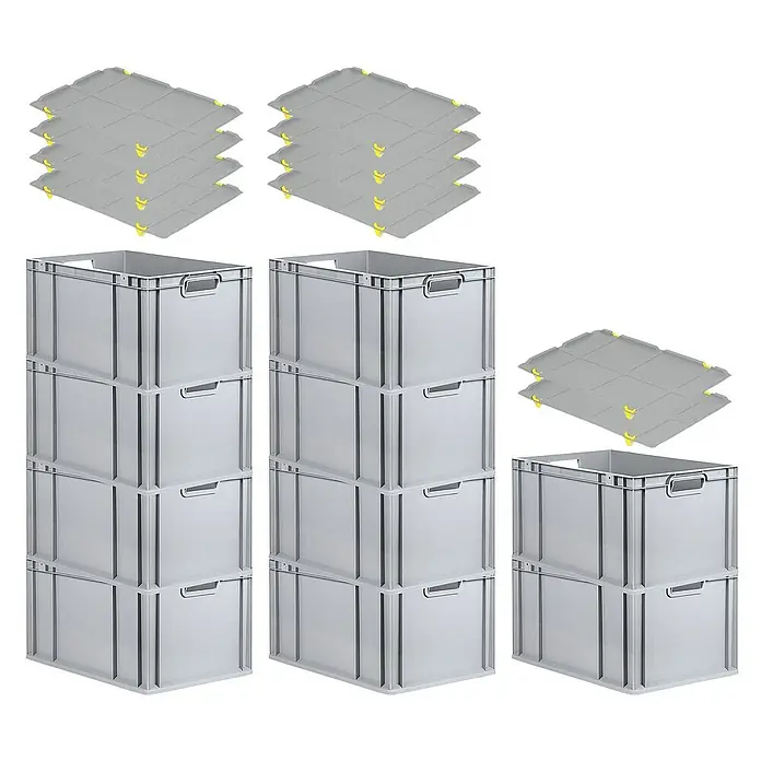 Proregal Euroboxen-Set 10x Eurobox NextGen Grip mit Auflagedeckel inkl. 4 gelben Verschlüssen - L x B x H: 60 x 40 x 32 cm, Kunststoff, Grau, 10 Stk. - Graue Kunststoffboxen, gestapelt mit gelben Verbindungsstücken, ideal zur Lagerung und Organisation.