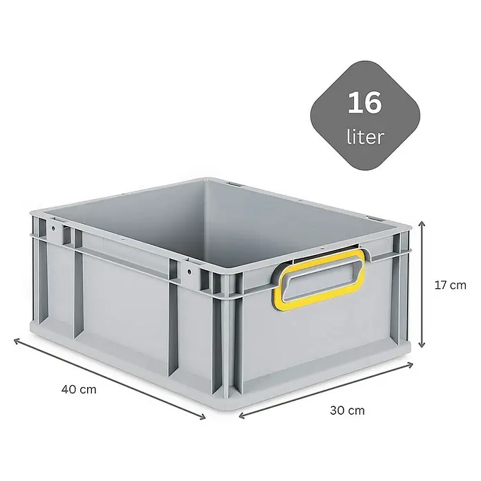 Proregal Euroboxen-Set 10x Eurobox NextGen Color mit Scharnierdeckel und Verschlüssen - L x B x H: 40 x 30 x 17 cm, Kunststoff, Grau, Gelb, 10 Stk. - Abbildung einer grauen 16-Liter-Kunststoffbox mit gelben Griffen und Maßangaben.