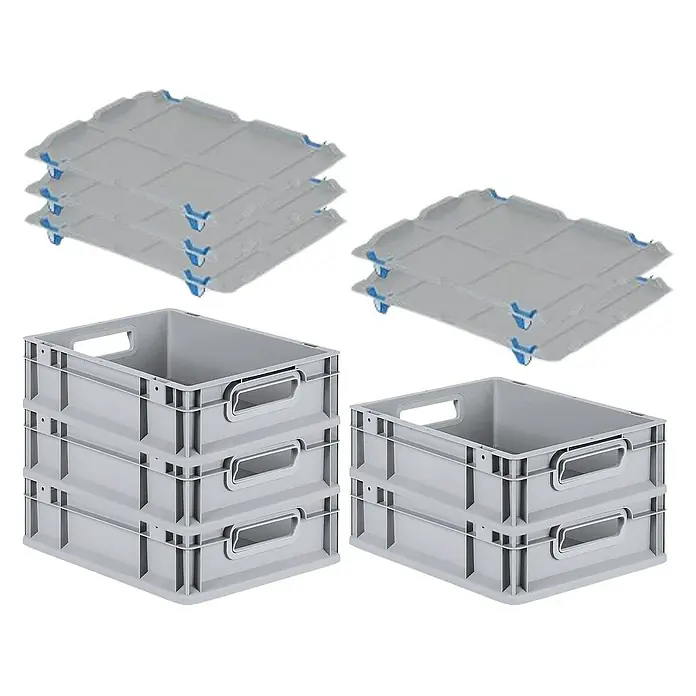 Proregal Euroboxen-Set 5x Eurobox NextGen Grip mit Auflagedeckel inkl. 4 blauen Verschlüssen - L x B x H: 40 x 30 x 12 cm, Kunststoff, Grau, 5 Stk. - Produktabbildung mit grauen Eurobehältern und passenden Deckeln, ideal für Lagerung und Transport.