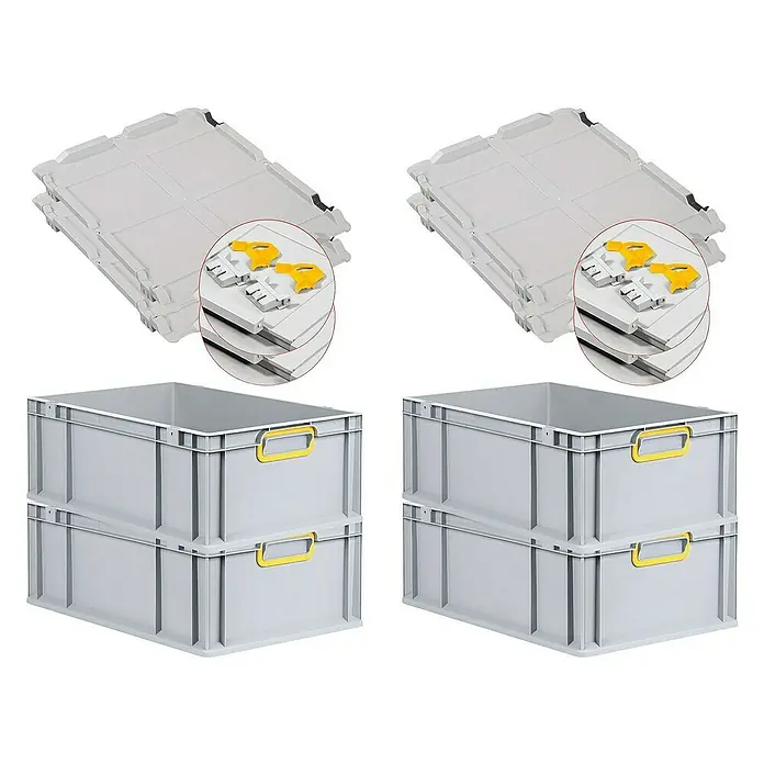 Proregal Euroboxen-Set 4x Eurobox NextGen Color mit Scharnierdeckel und Verschlüssen - L x B x H: 60 x 40 x 22 cm, Kunststoff, Grau, Gelb, 4 Stk. - Produktabbildung: Zwei graue Lagerboxen mit gelben Griffen und zwei graue Deckel zur Aufbewahrung oder zum Transport von Waren.