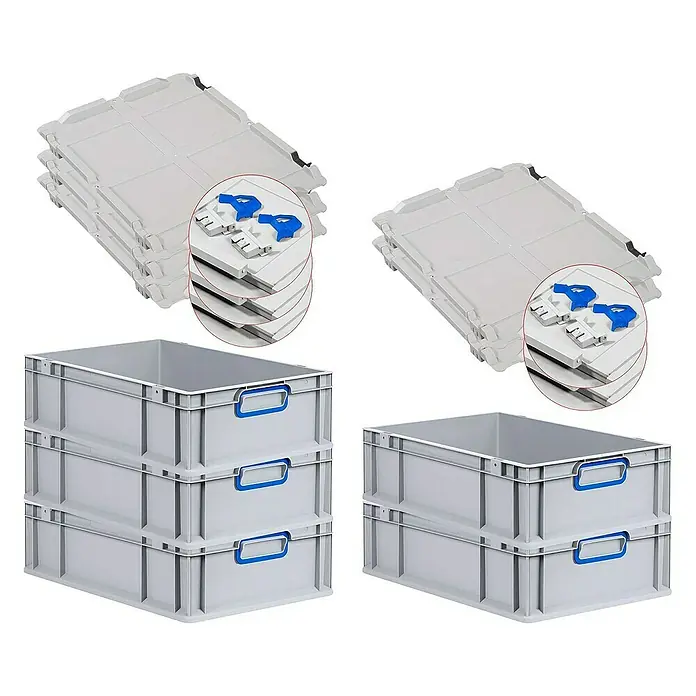 Proregal Euroboxen-Set 5x Eurobox NextGen Color mit Scharnierdeckel und Verschlüssen - L x B x H: 60 x 40 x 17 cm, Kunststoff, Grau, Blau, 5 Stk. - Abgebildet sind graue Eurobehälter mit blauen Griffen und dazugehörige Deckel, die sich ideal für Lagerung und Transport eignen.