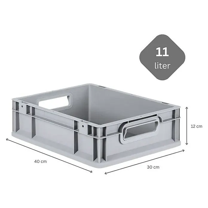 Proregal Euroboxen-Set 5x Eurobox NextGen Grip mit Scharnierdeckel und gelben Verschlüssen - L x B x H: 40 x 30 x 12 cm, Kunststoff, Grau, 5 Stk. - Graue 11-Liter-Kunststoffbox mit Griffen und den Maßen 40x30x12 cm, ideal für Lagerung und Transport.