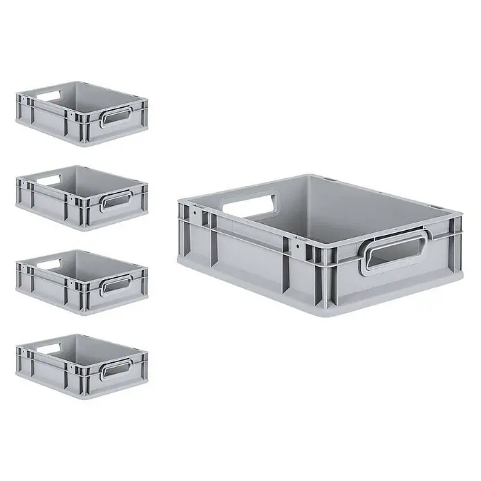 Proregal Euroboxen-Set 5x Eurobox NextGen Grip mit Scharnierdeckel und gelben Verschlüssen - L x B x H: 40 x 30 x 12 cm, Kunststoff, Grau, 5 Stk. - Fünf graue Kunststoffbehälter in verschiedenen Perspektiven, ideal zur Lagerung und Organisation von Gegenständen.
