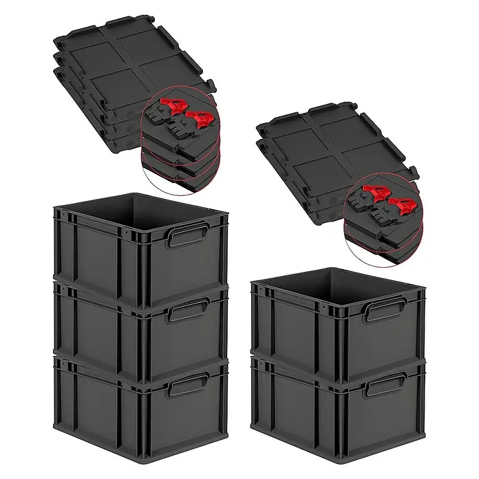 Proregal Euroboxen-Set 5x Eurobox NextGen Grip mit Scharnierdeckel und roten Verschlüssen - L x B x H: 40 x 30 x 22 cm, Kunststoff, Schwarz, 5 Stk. - Stapelbare, graue Eurobehälter aus Kunststoff mit passenden Deckeln, ideal für Lagerung und Transport.