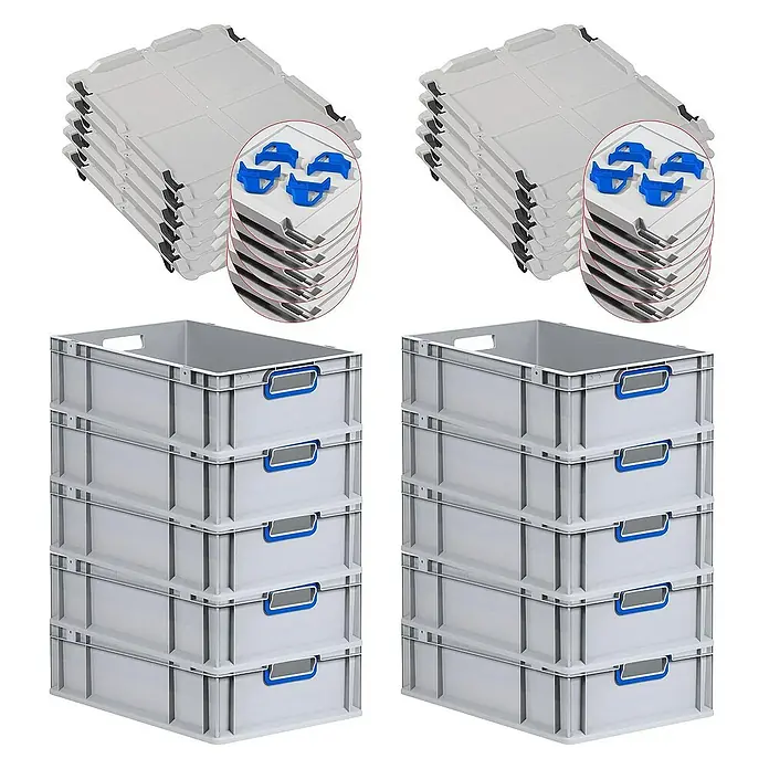 Proregal Euroboxen-Set 10x Eurobox NextGen Color mit Auflagedeckel und Schiebeschnappverschlüsse - L x B x H: 60 x 40 x 17 cm, Kunststoff, Grau, Blau, 10 Stk. - Eine Nahaufnahme von zwei Stapeln grauer Kunststoff-Lagerboxen mit blauen Griffen und Deckeln, ideal für Organisation und Lagerung.