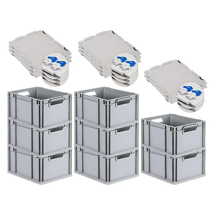 Proregal Euroboxen-Set 8x Eurobox NextGen Economy mit Scharnierdeckel und blauen Verschlüssen - L x B x H: 40 x 30 x 22 cm, Kunststoff, Grau, 8 Stk. - Bild von drei Stapeln grauer Kunststoffbehälter und drei Stapeln Deckel mit blauen Verriegelungen, ideal für Lagerung und Organisation.